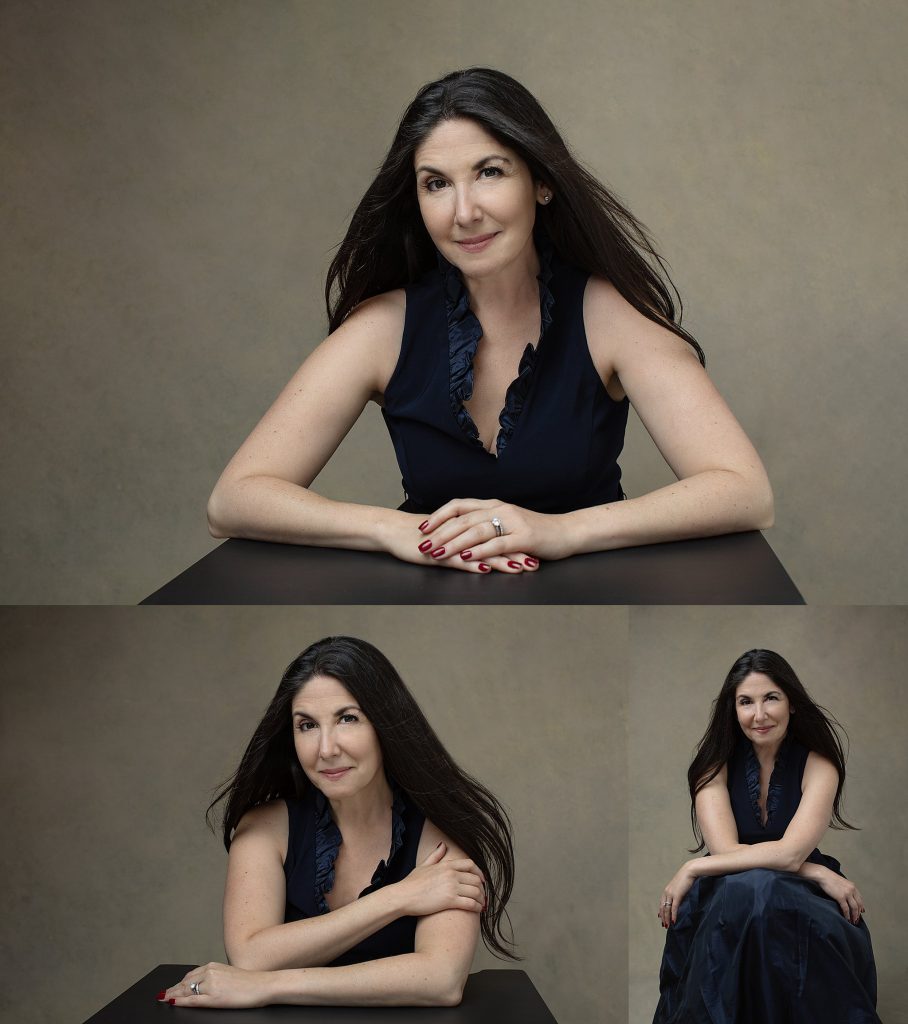 Three portraits of a woman with long hair and a tan backdrop