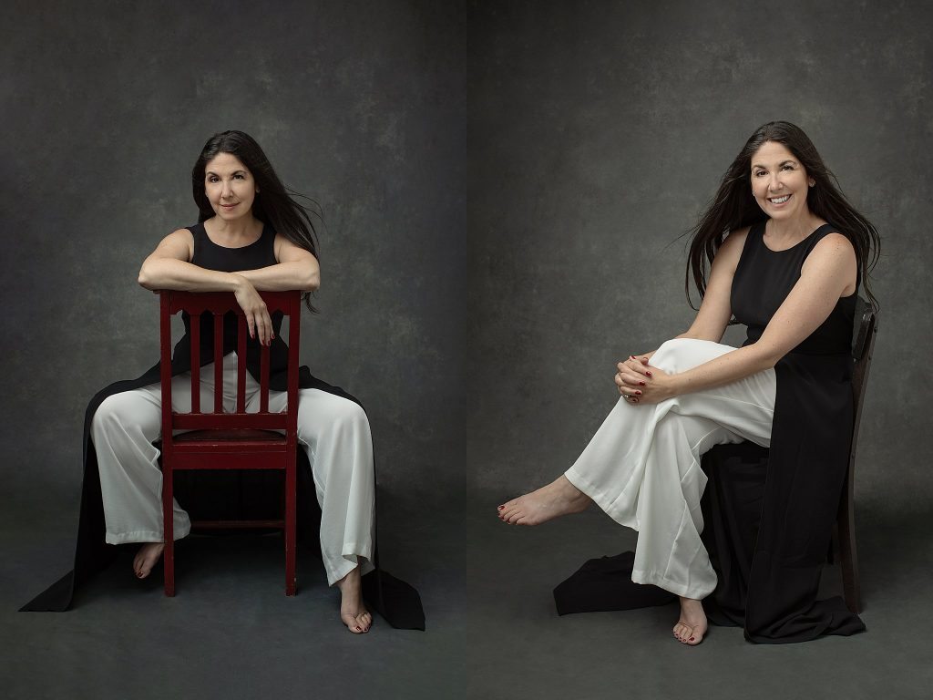 two portraits of a woman with long hair wearing a jumpsuit.