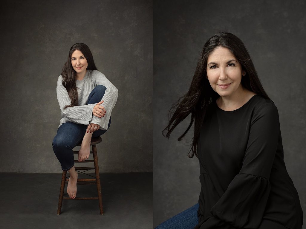 Casual studio portraits of a woman wearing jeans and a sweater