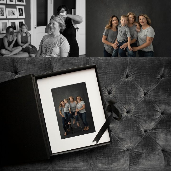 A collage of images from a three-generation photo session:  behind the scenes with professional hair and makeup styling, a family portrait, and a folio box collection on a velvet ottoman