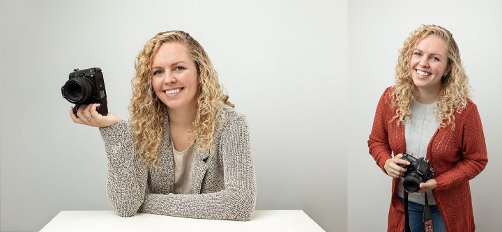 Two personal branding photos of a smiling photographer with her camera and a light background