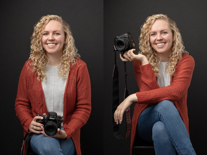 Two personal branding photos of a smiling photographer with her camera and a dark background