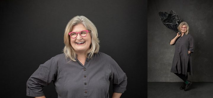 Two portraits of Evelyn wearing gray and laughing