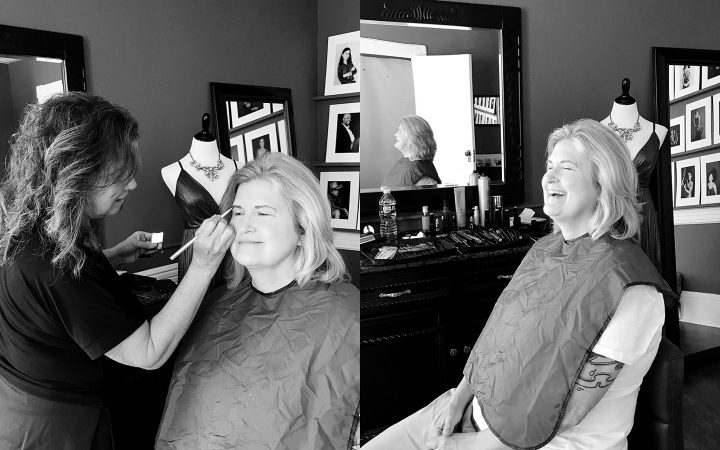 Behind the scenes - professional hair and makeup styling at the beginning of Evelyn's portrait experience.