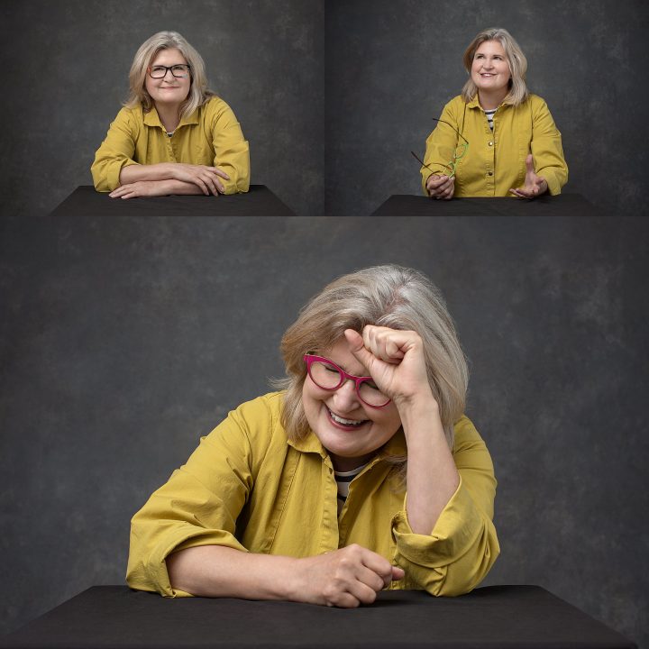 Three expressive portraits of Evelyn wearing yellow and seated at a table