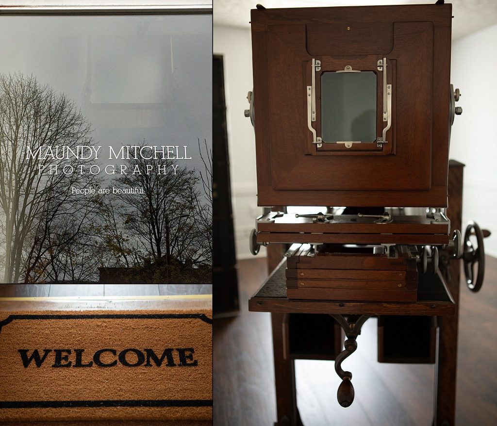 A collage of images - Maundy Mitchell Photography front door with logo, welcome mat, and the antique Deardorff camera.