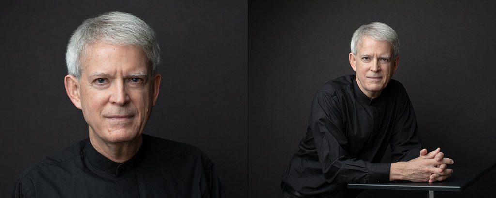 A new headshot and a portrait, each with a black background, of musician Mark Nelson.
