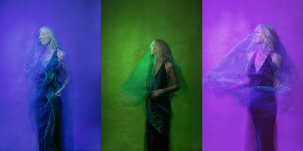 A series of portraits in purple, green, and pink light, with fabric and motion blur