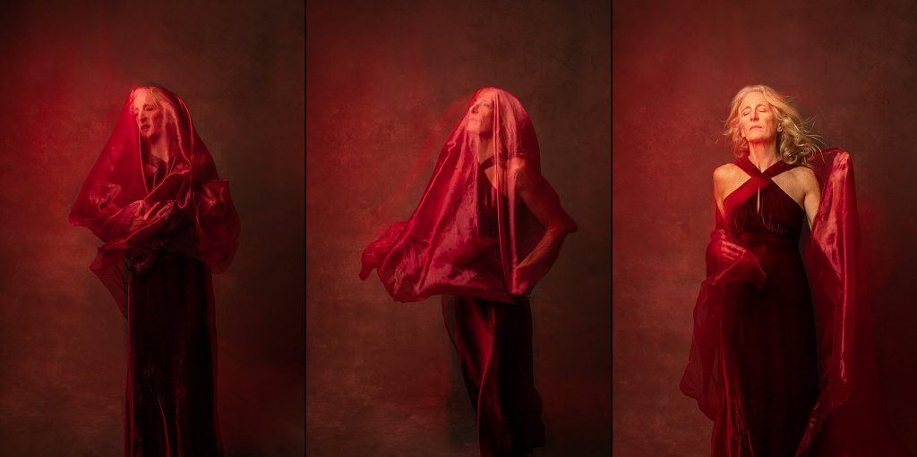 A series of images of Melinda in red with red light