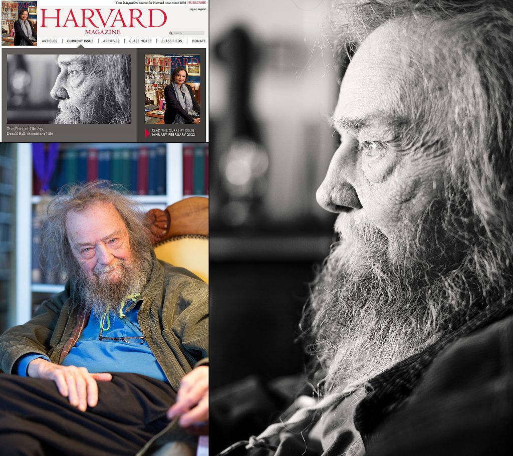 A collage of images: Harvard Magazine online cover (January-February 2022), color portrait of poet Donald Hall in his home, black-and-white profile portrait of poet Donald Hall by Maundy Mitchell