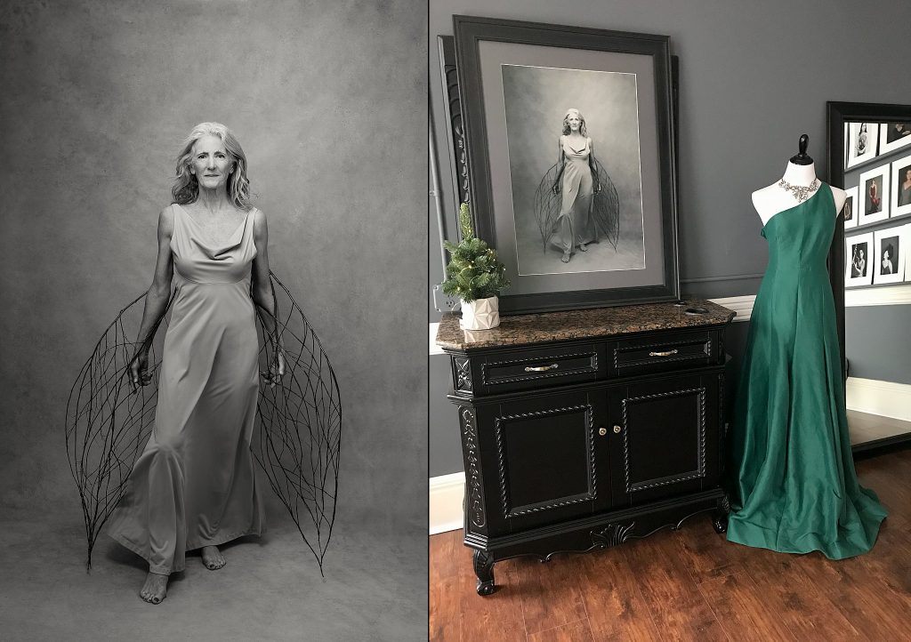 Two images: "Phoenix," a black-and-white portrait of a woman holding wings made of sticks, and a photo of the 30"x40" custom-framed portrait in Maundy Mitchell's studio