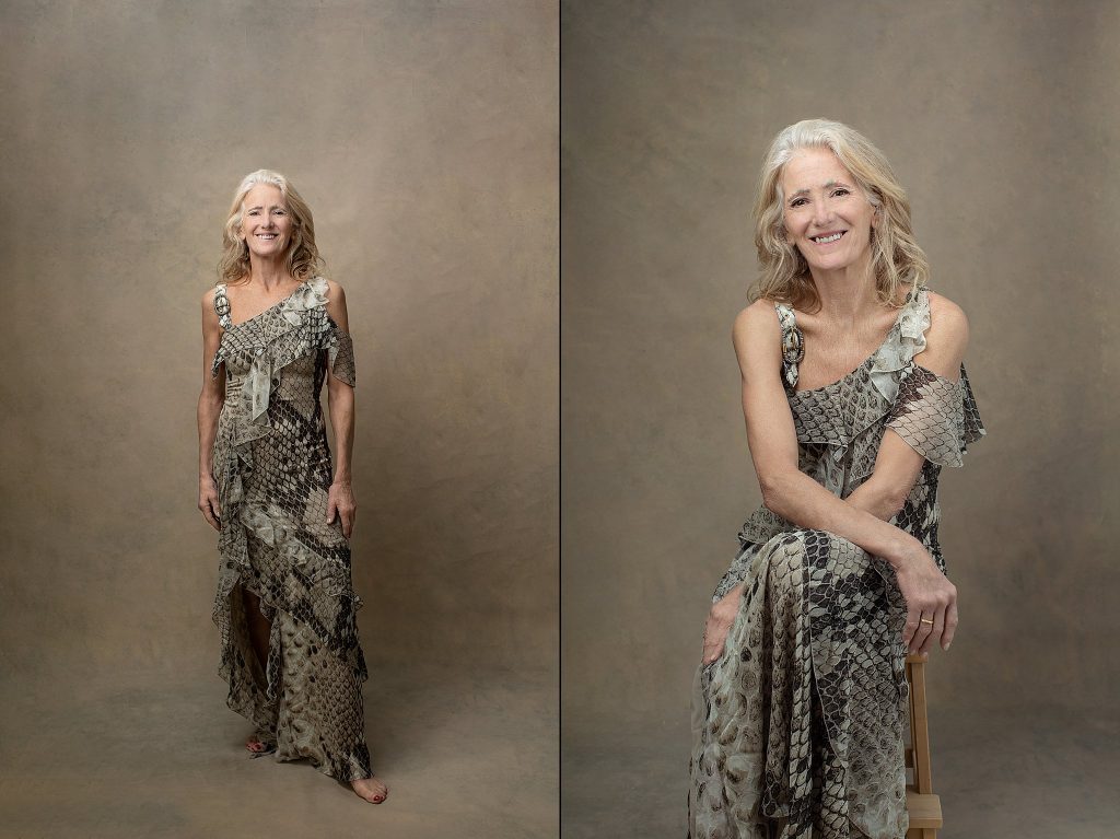 Two neutral-toned portraits of Melinda wearing a snakeskin print dress