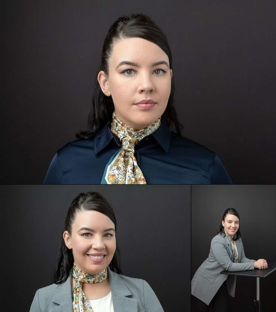 Three headshots / personal branding images for flight attendant Kelly