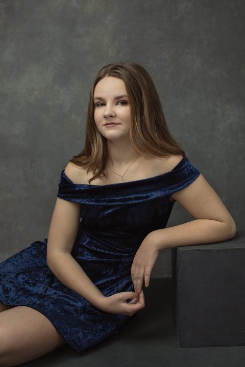 Studio senior photo - Lauren in blue dress