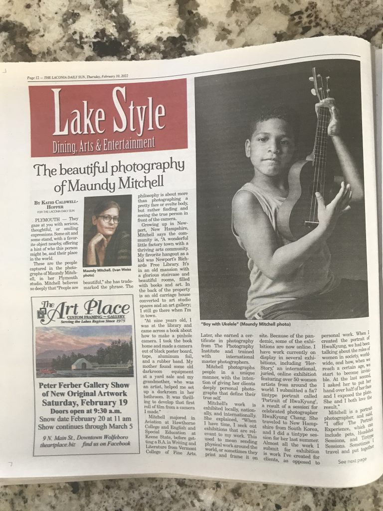 Article about portrait photographer Maundy Mitchell in newspaper