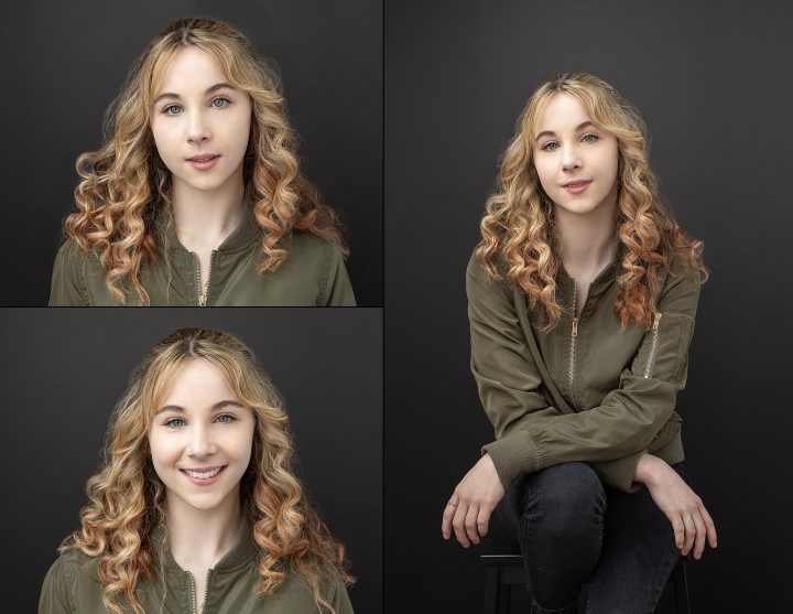 Two headshots and one portrait with black backgrounds - Acting student Lily