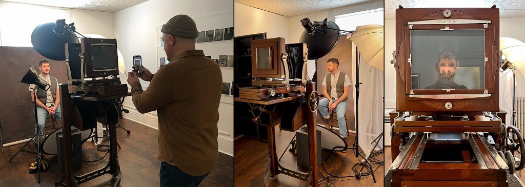 Behind-the-scenes photos from Joseph and Matthew's tintype session:  Joseph taking a cell pic of Matthew in front of the camera, and the upside-down view of Matthew in the camera.