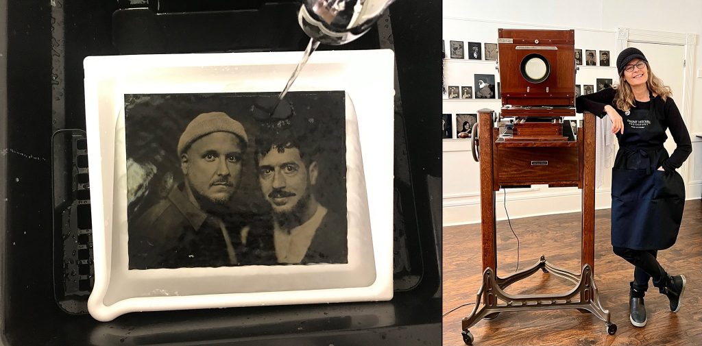 photo of a tintype in the rinsing phase; photo of photographer Maundy Mitchell with antique Deardorff camera and Dallmeyer lens