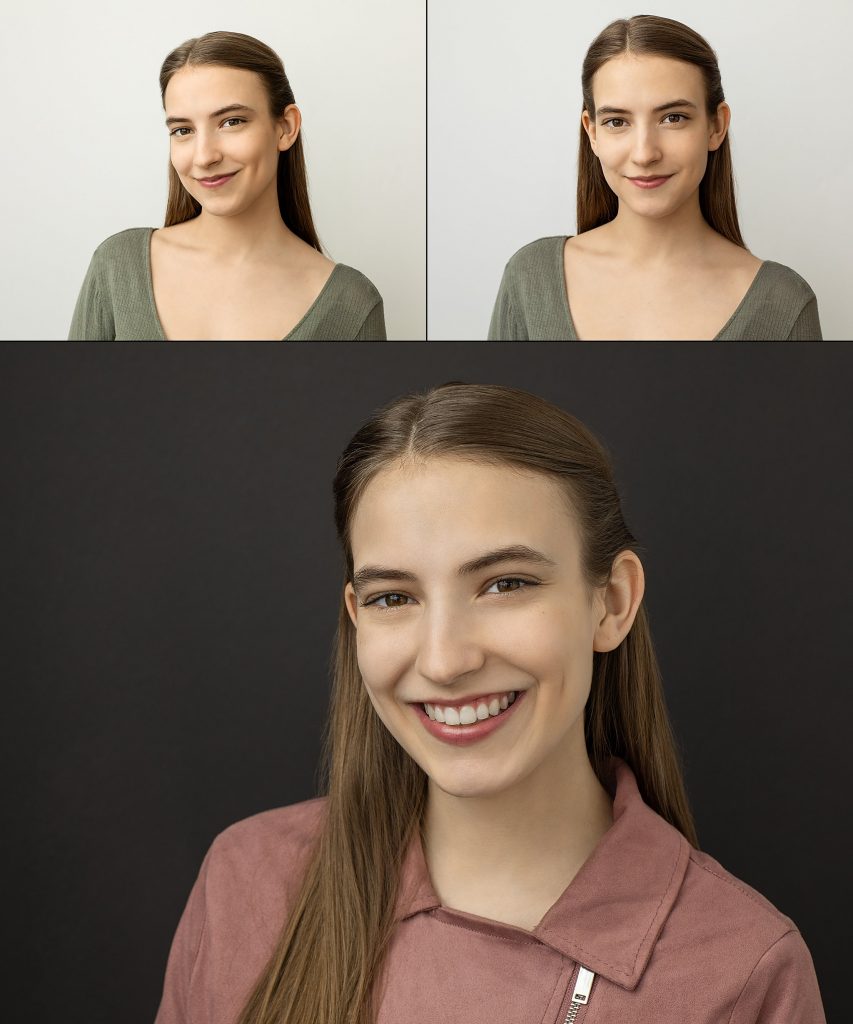 Three headshots, each with a different expression, for actor Lindsey Brunelle - two on a light background, one on a dark background