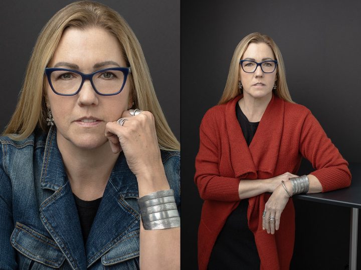 Two portraits of Boston area artist Amy Ford: seated wearing a cuff bracelet and standing wearing an orange sweater
