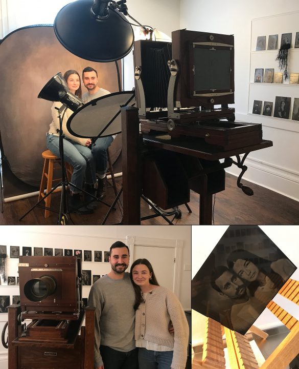 Behind the scenes photos of Kaitlyn & Yonny's engagement tintype session in Plymouth, NH
1. Kaitlyn and Yonny in front of the Deardorff studio camera
2. Kaitlyn and Yonny beside the camera
3. Engagement portrait in the drying rack
