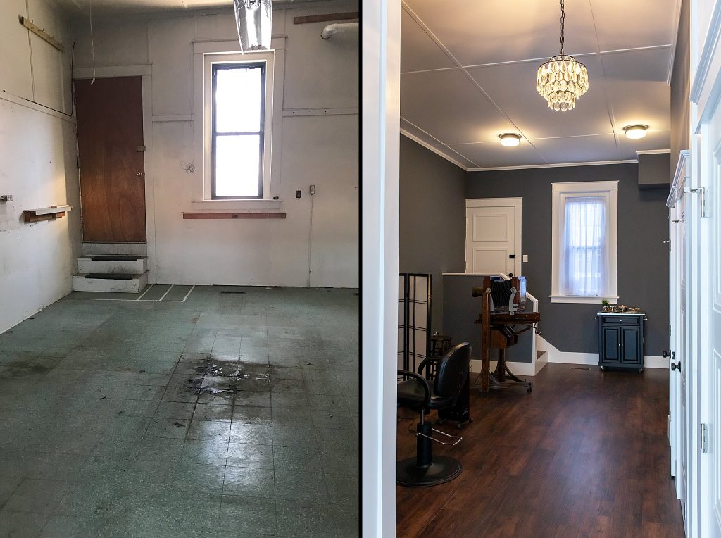 Before & After - the styling station (chair on the left), tintype area (back left), powder room & darkroom (right) and lounge area (back right)
