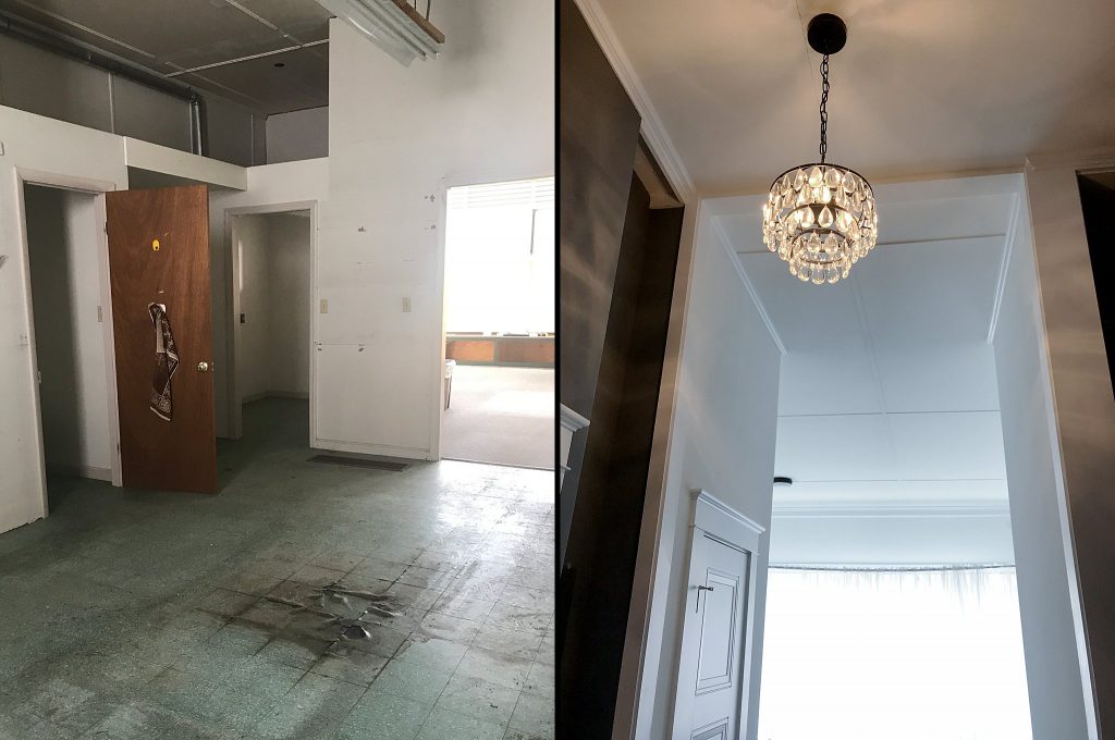Before & After - the chandelier with closet & powder room on the left
