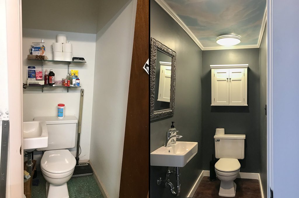 Before & After - the powder room - clouds on the ceiling painted by artist Annie Schneider