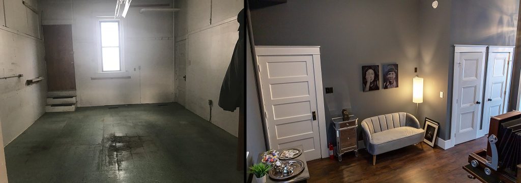 Before & After - the lounge & tintype area with powder room and darkroom doors