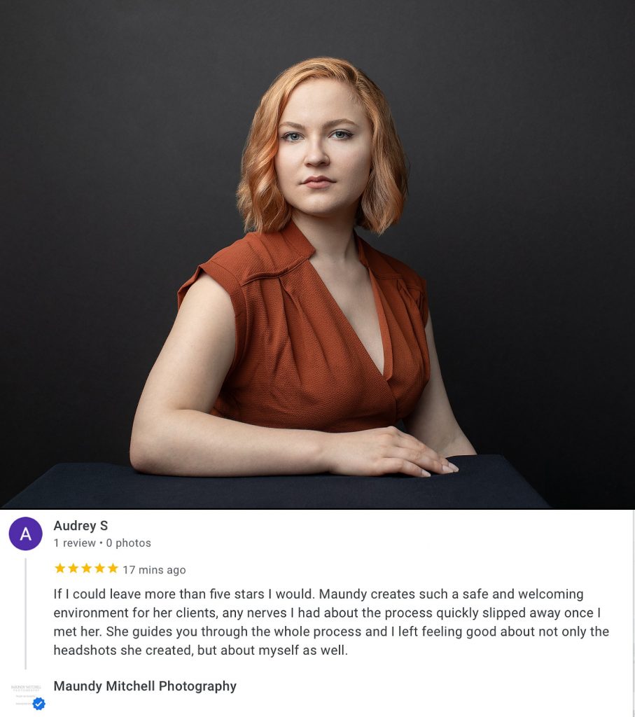 A portrait of a young actor with orange hair and wearing an orange top, with a dark background.  Below, a five-star review she wrote about her experience at Maundy Mitchell Photography.