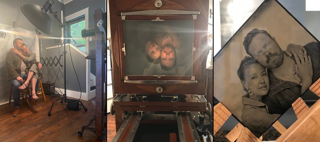 Behind the scenes photos from a couple's tintype portrait experience at Maundy Mitchell Photography in Plymouth, NH