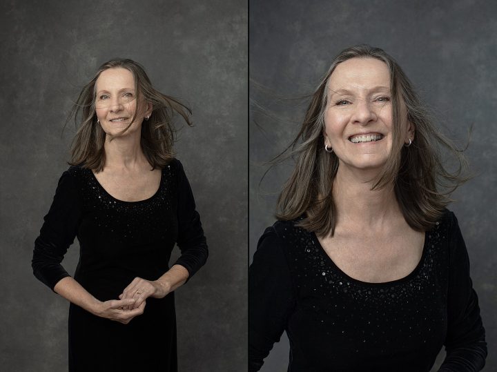 Portraits of Nancy wearing a black sparkly dress with wind in her hair