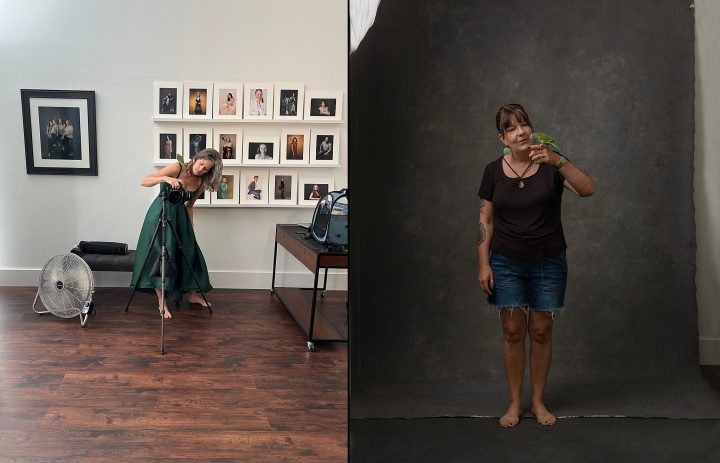 Maundy Mitchell setting up for self portraits with a bird on her shoulder