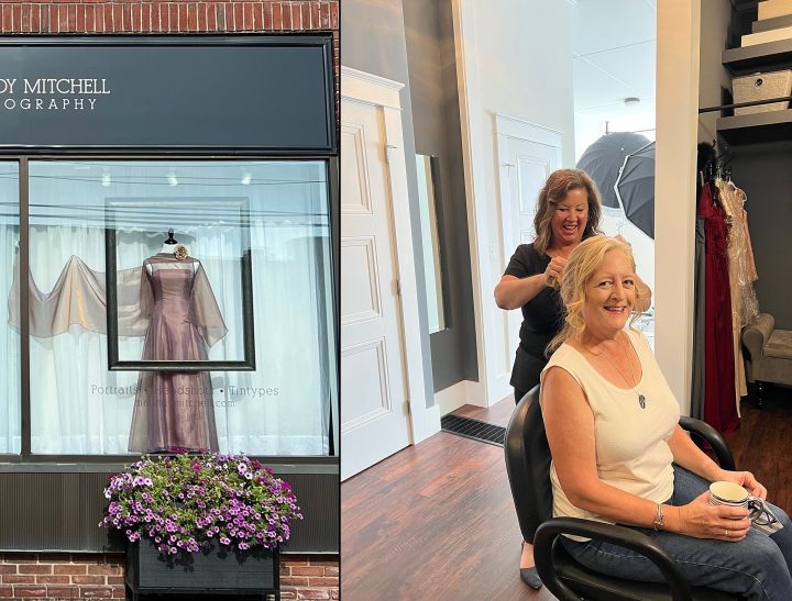 a photo of the window display, sidewalk flower box, and part of the sign at Maundy Mitchell Photography studio / a behind-the-scenes photo of a woman enjoying professional hair and makeup styling before her portrait session