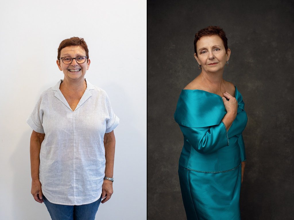 A woman in her 60s, before and after professional styling, lighting, and direction