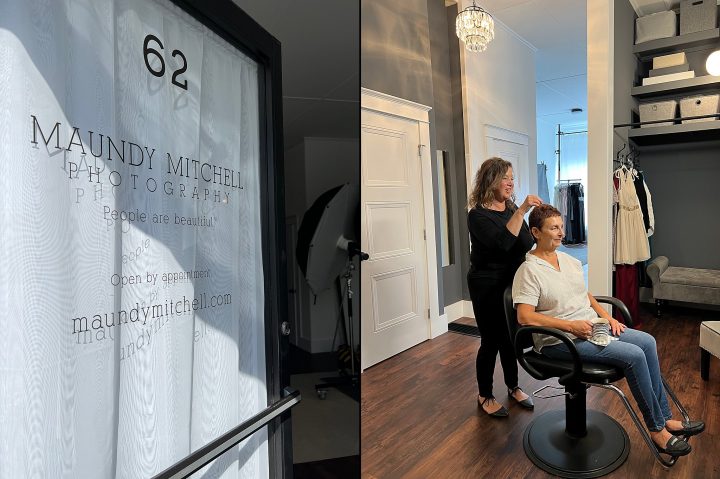 Woman enjoying professional hair and makeup styling services before her portrait session at Maundy Mitchell Photography