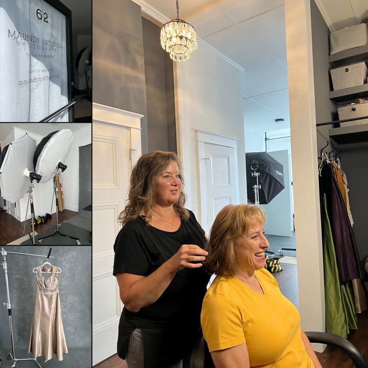 Behind the scenes at Maundy Mitchell Photography - a woman enjoying professional hair and makeup styling by Donna Cotnoir