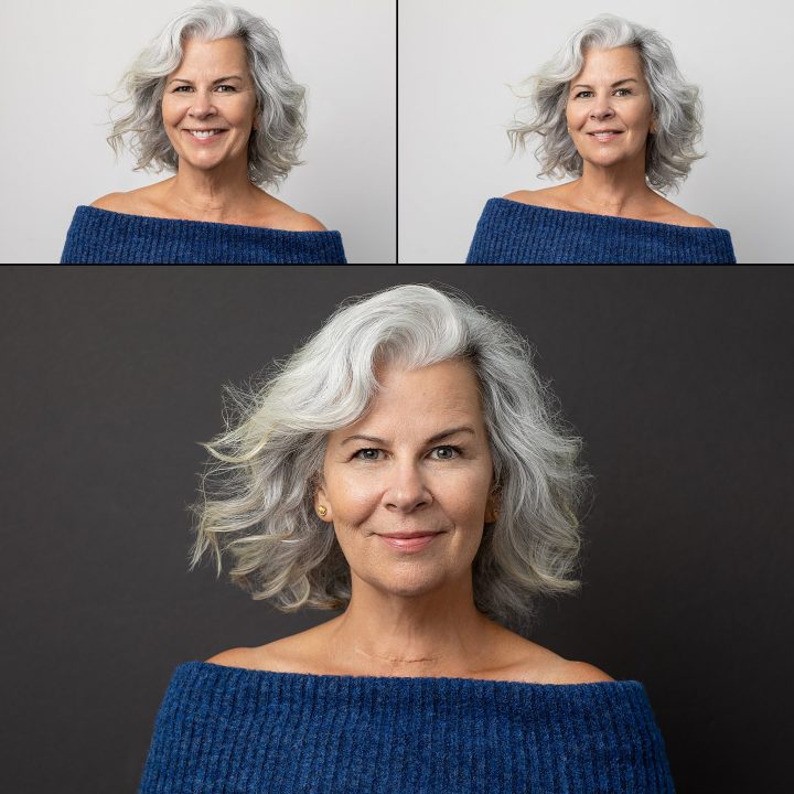 Three headshots of a woman with white hair wearing a blue sweater