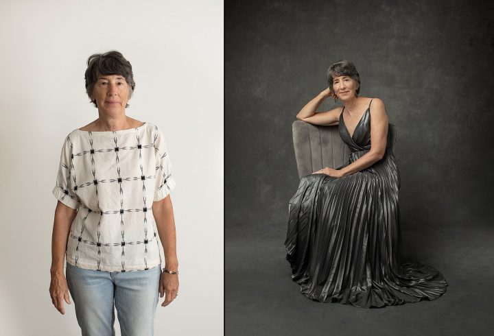A woman in her 60s with short hair, before and after styling, lighting, and direction at her photo shoot