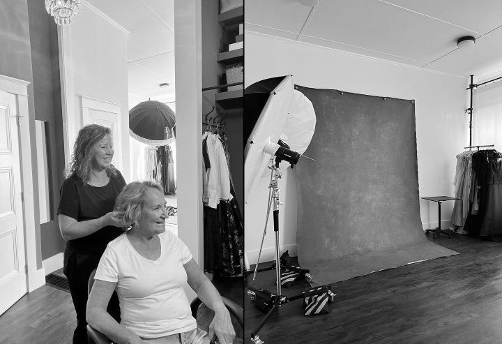 Behind the scenes photos - a woman enjoying hair and makeup styling and a backdrop with studio lights