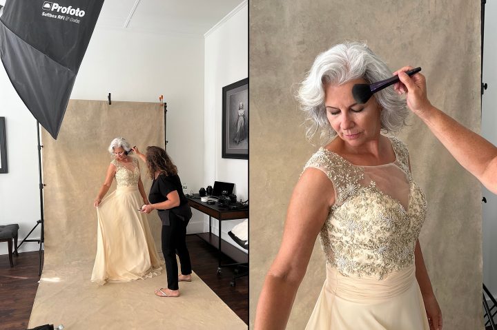 Two behind the scenes photos from a portrait session for the Over 50 Revolution