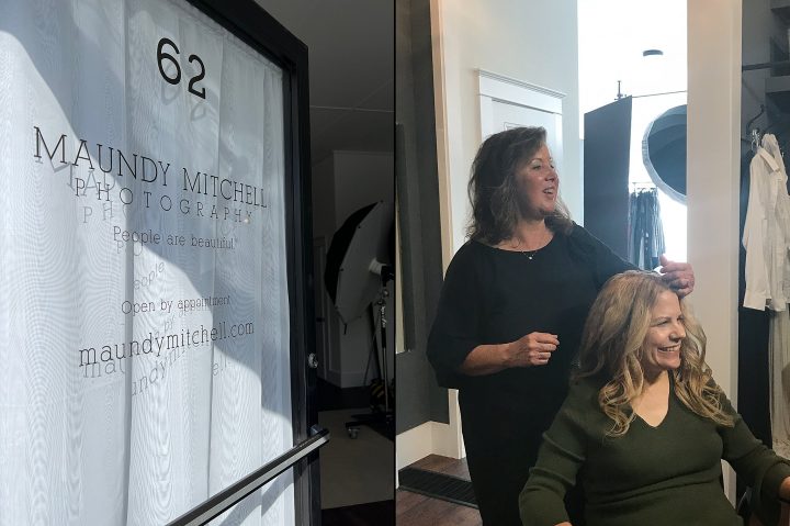 Maundy Mitchell Photography studio door at 62 Main Street, Plymouth and a client enjoying professional hair and makeup styling before her photo session