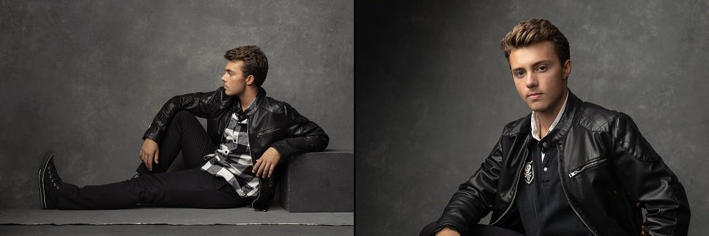 portraits of a high school senior boy wearing a leather jacket