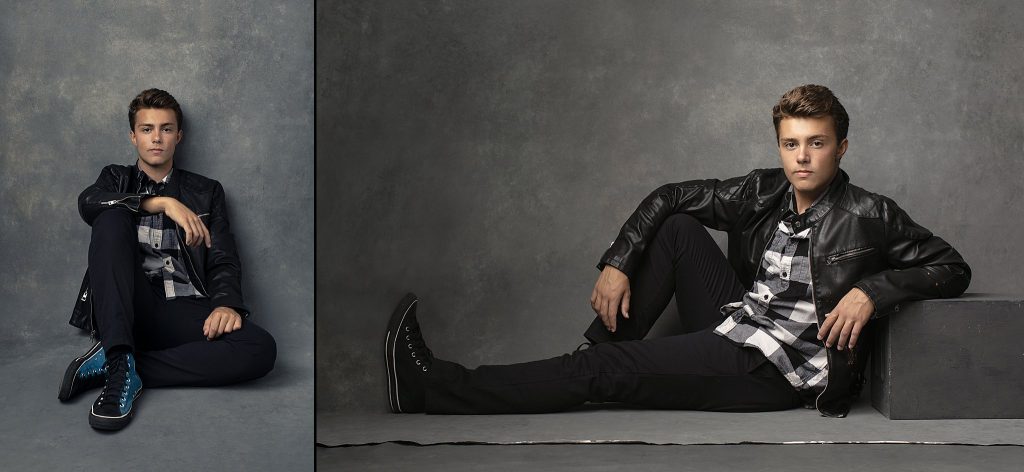 portraits of a high school senior boy wearing a leather jacket