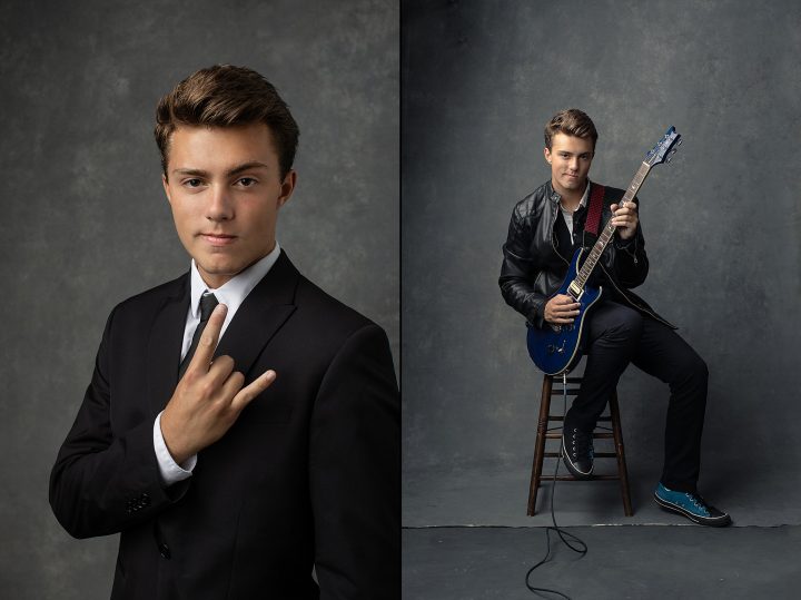 High school senior boy giving "rock out" symbol and playing a bass guitar