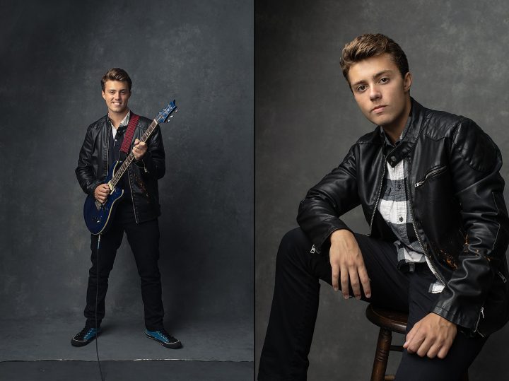 Portraits of a high school senior boy with a blue bass guitar and wearing a leather jacket