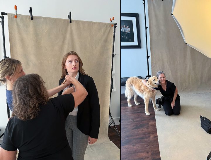 Behind the scenes at Lindsay's high school senior portrait session: Lindsay, getting help with her tie from her mother and stylist Donna Cotnoir / Lindsay's dog, Remy, with Maundy