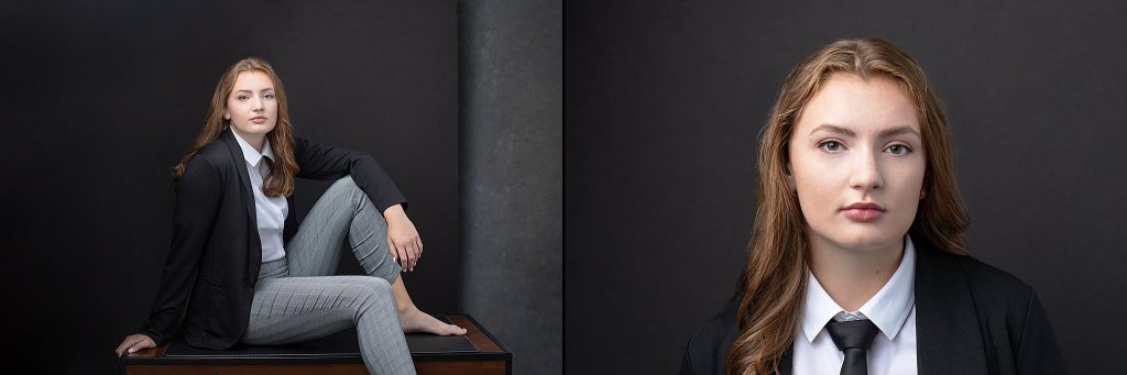 two high school senior photos - a girl sitting on a desk and a headshot with a black background