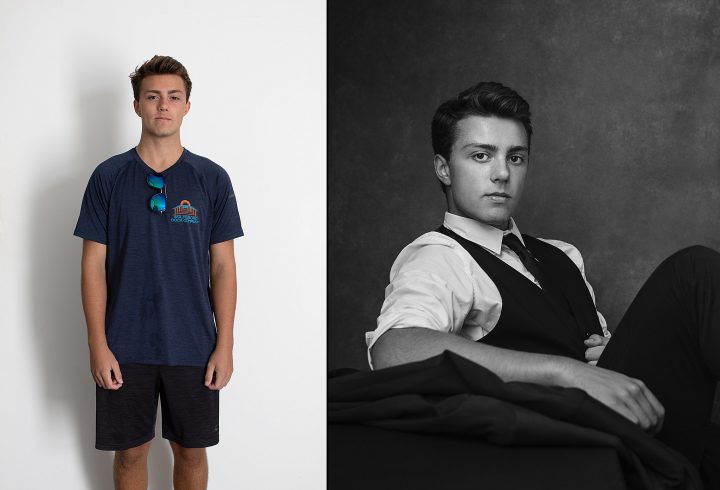 Photos of a high school senior boy, before styling, lighting, and direction, and after - a black and white senior portrait
