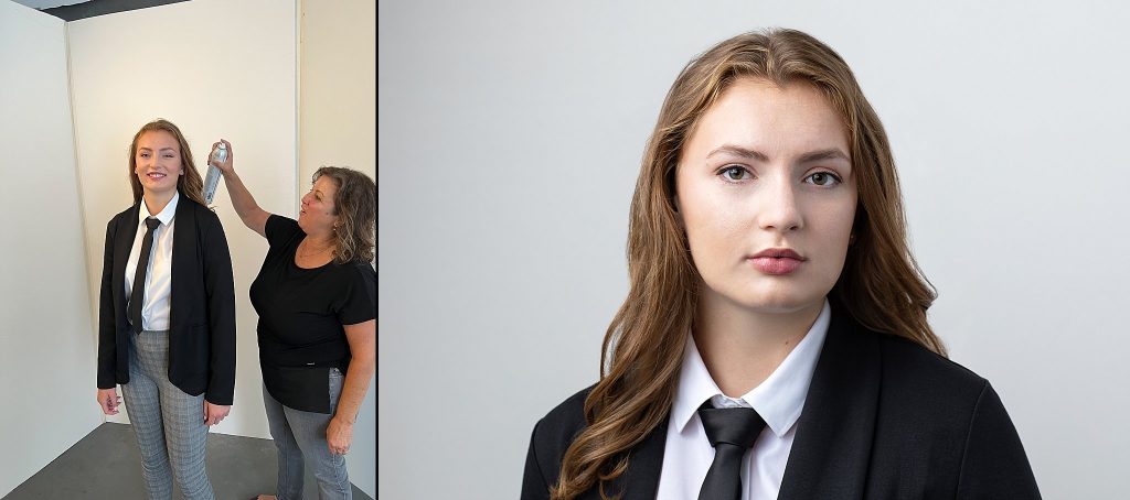 Two photos: behind the scenes at a high school senior photo shoot - Lindsay with a hair and makeup artist, and the finished headshot